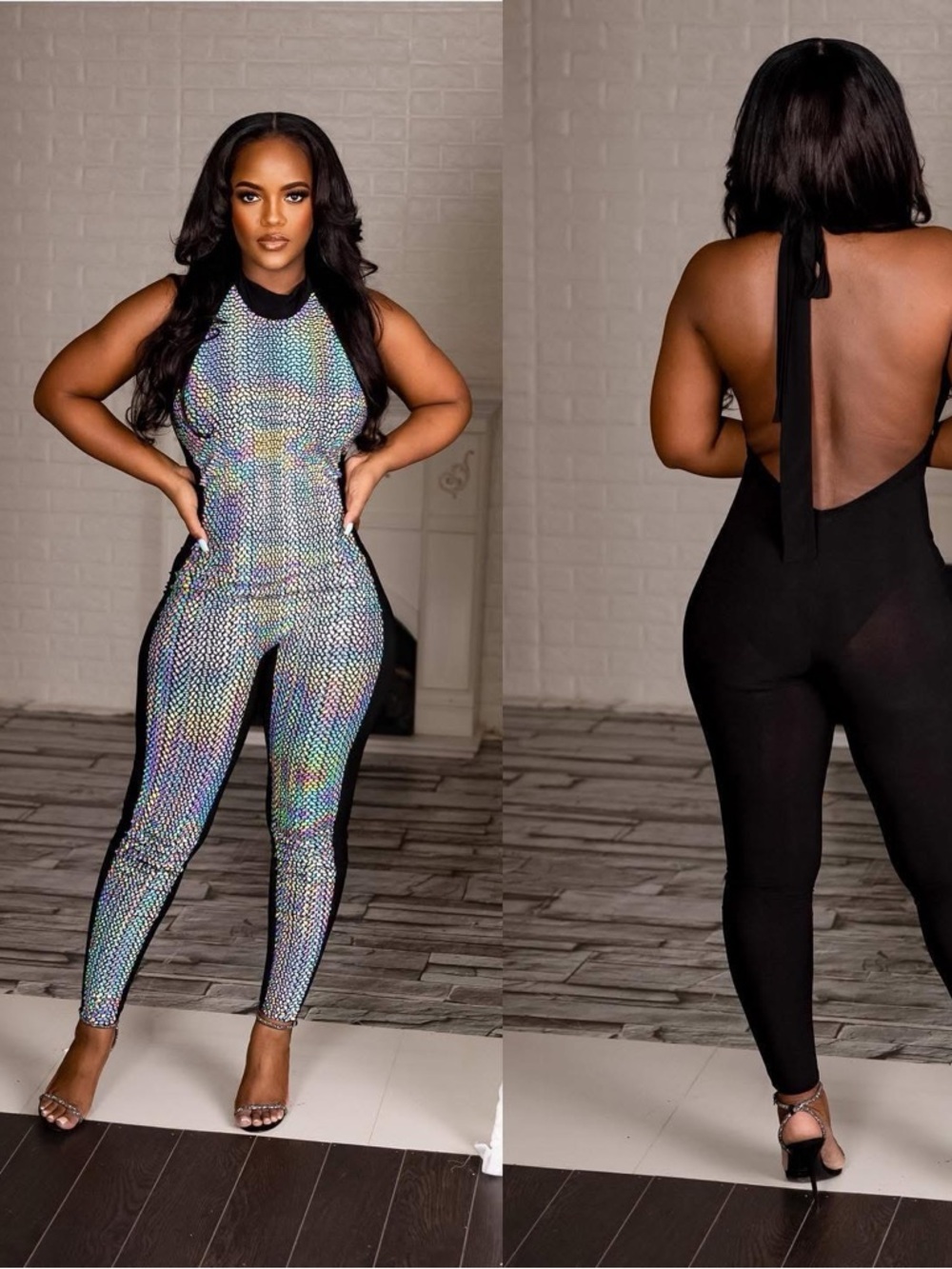 Halter Backless Iridescent Jumpsuit - Black Trim